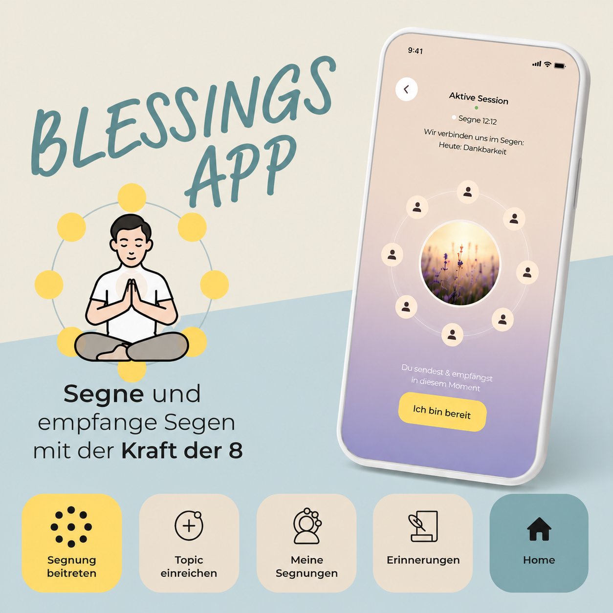 Blessings App – Übersicht: Segne und empfange Segen mit der Kraft der 8, mit App-Screen und Menü