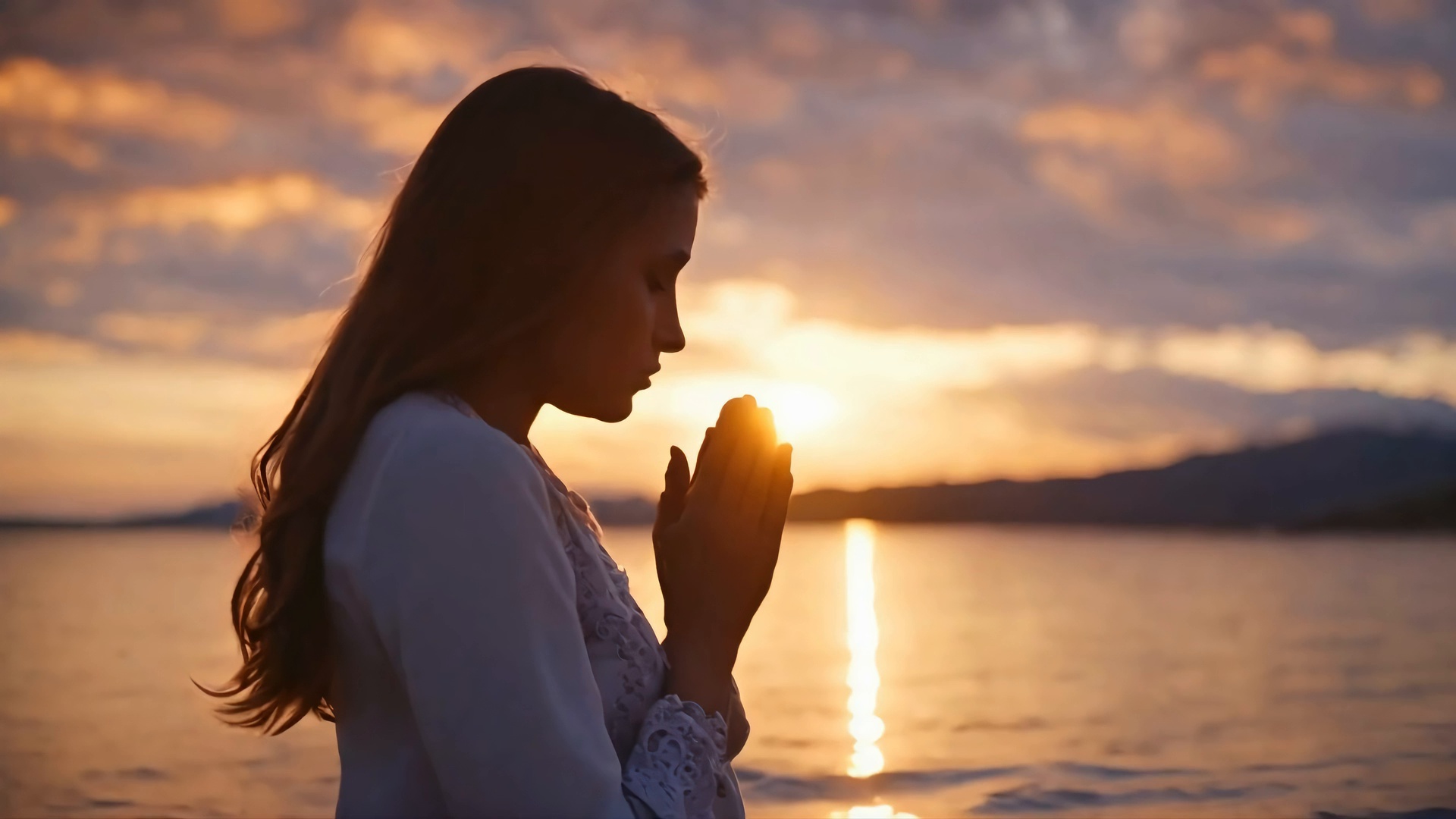 Frau im Gebet am Meer bei Sonnenuntergang